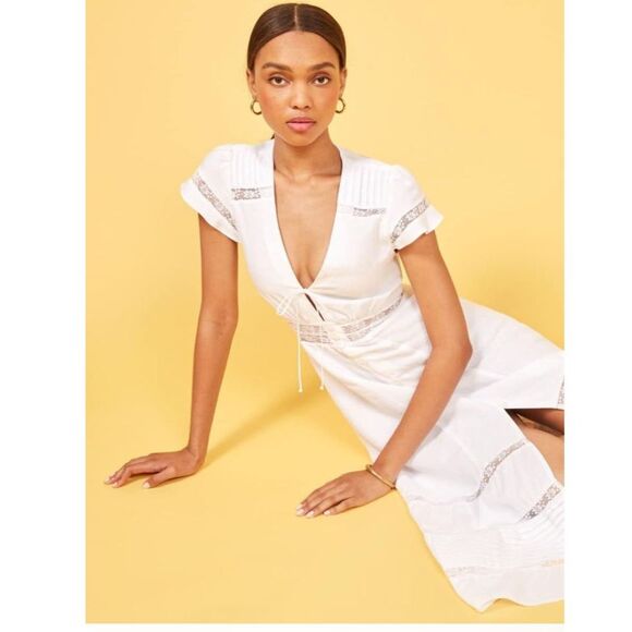 Reformation Short Sleeve Lace Trim Midi Dress White 2 - Picture 4 of 9